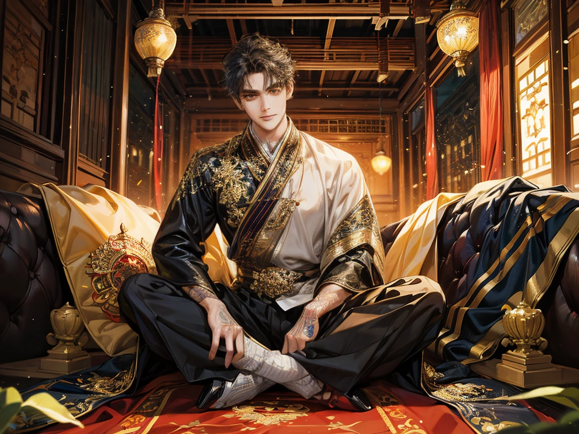 a young man, handsome, Good looking, Dark skin, have muscles,Big shape,Screenhead hair, Full body tattoo,The background is a Thai style house.