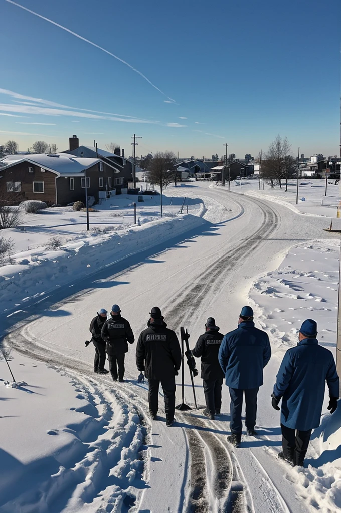 Create an image that conveys a sense of coolness and investigation. Use shades of blue and gray to depict a winter landscape with snow-covered buildings and icy roads. Include a group of detectives huddled together, analyzing evidence around a snow bank. Use their body language and facial expressions to show your determination to crack the case. Add elements like footprints in the snow, digging tools and forensic equipment to enhance the sense of investigation.