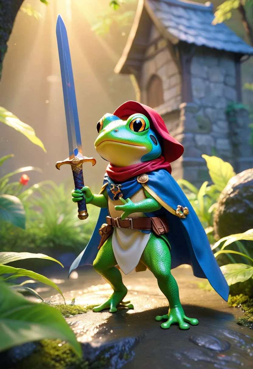 Esbian all over、Cool Frog、Pop Frog、Diorama、Simple Background、bandana、Holding a big sword in his hand、Brave、Cape、Best Quality, Capture the cutest moments, Depth of written boundary, Super detailed, Ultra-high resolution, Octadale, 8k, 16km race