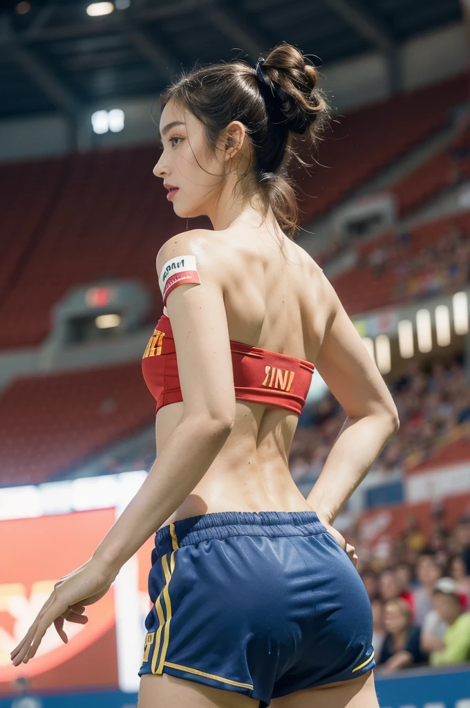(((best quality))),(((ultra detailed))),(((masterpiece))),illustration,((1 beautiful girl,female footballer,solo)),((shoulder off,strapless,bare back,towering hips,butt crack)),((slim,thin)),summer night,stadium,crowded stands,enthusiastic spectators,football match,(short ponytail:1.2),((Spain team kit,red shirt,blue shorts)),(slender legs:1.2),(football:1.3),fluid movements,powerful,sweat,forehead,exhaustion,passion for football,purposeful running,electric atmosphere,crowd roar,critical juncture,pressure,undeterred,floodlights,luminous glow,long shadows,drama,breathtaking sight,raw passion,unbridled energy,determination,skill,embodiment of sport's spirit,strength,resilience of human spirit,(standing:1.3),((from back,upper body))