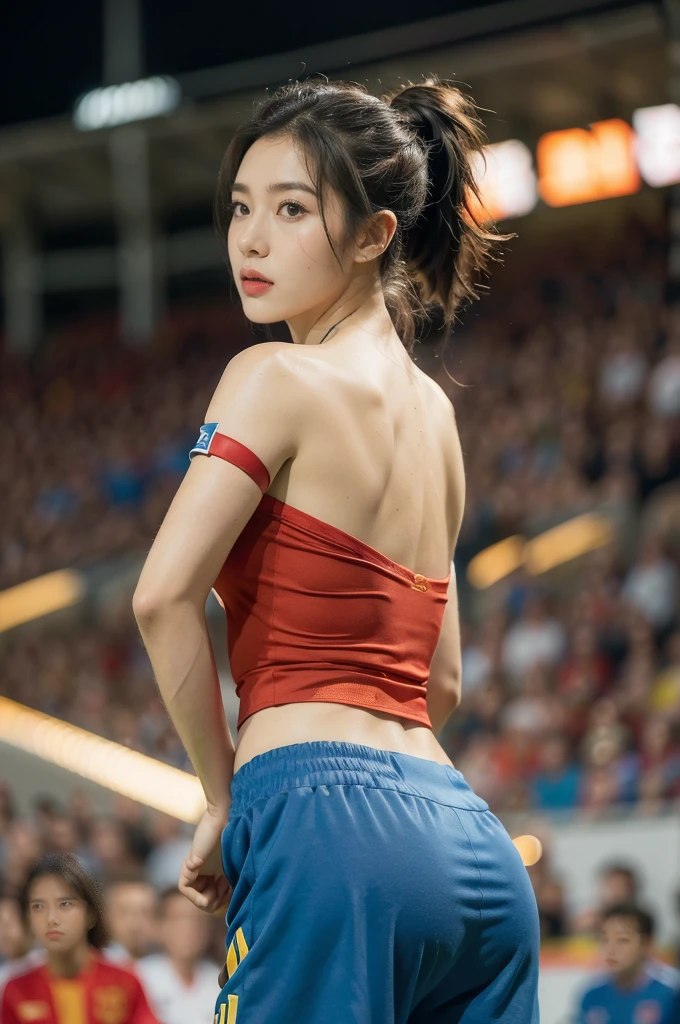 (((best quality))),(((ultra detailed))),(((masterpiece))),illustration,((1 beautiful girl,female footballer,solo)),((shoulder off,strapless,bare back,towering hips,butt crack)),((slim,thin)),summer night,stadium,crowded stands,enthusiastic spectators,football match,(short ponytail:1.2),(short sleeves:1.2),((Spain team kit,red shirt,blue shorts)),(slender legs:1.2),(football:1.3),fluid movements,powerful,sweat,forehead,exhaustion,passion for football,purposeful running,electric atmosphere,crowd roar,critical juncture,pressure,undeterred,floodlights,luminous glow,long shadows,drama,breathtaking sight,raw passion,unbridled energy,determination,skill,embodiment of sport's spirit,strength,resilience of human spirit,(standing:1.3),((from back,upper body))