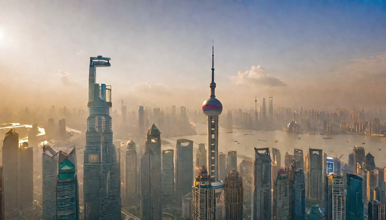 Shanghai, urban landscape, architecture, non-human, blue sky,(sunny day:1.5), sunshine, city, sky, scenery, mountains, clouds, outdoor, skyscraper,Sun, dazzling sunshine,