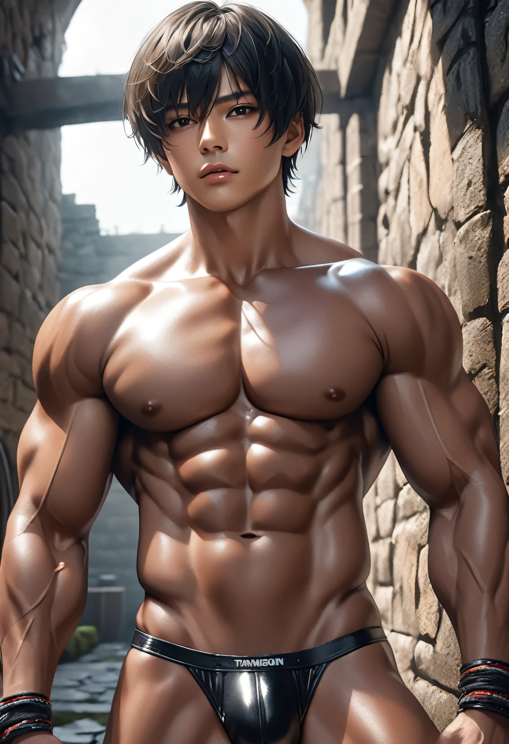 high quality, detailed, (22 years old tanned japanese idol wrestler boy), (detailed black eyes), (black short hair), (muscle:1.5), (tanned dark shiny skin:1.4), black tiny thong, bulge,(detailed nipples), yard, dungeon, (best quality,4k,8k,highres,masterpiece:1.2), face close up,(realistic,photorealistic,photo-realistic:1.37),
