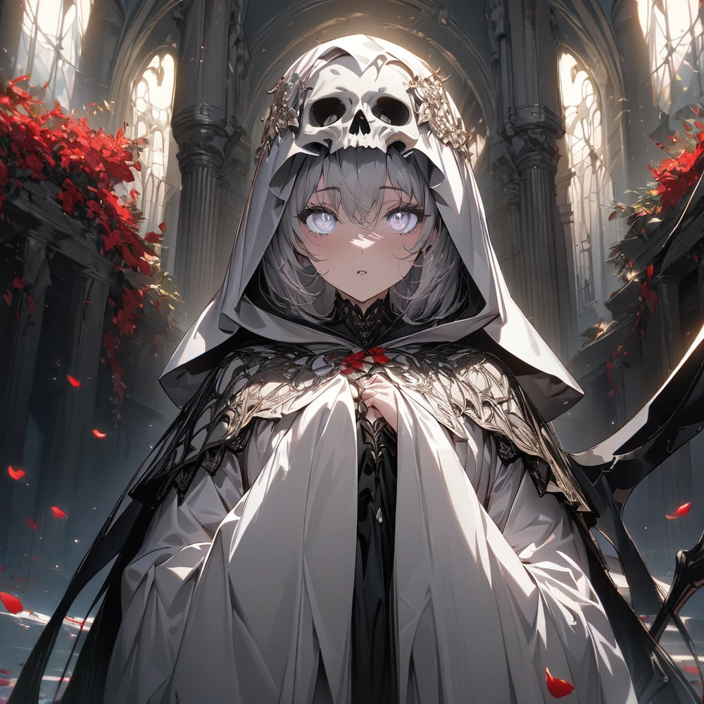 one beautiful Germans girl's Grim Reaper,agers,wearing robe,She's standing with a scythe,Look in here,luxury,The petals of red equinoctial flowers dance,(((masterpiece))), (((best quality))), ((ultra-detailed)), (illustration), (detailed light),((an extremely delicate and beautiful)),(beautiful detailed eyes),white eyes,Skull mask only at the mouth