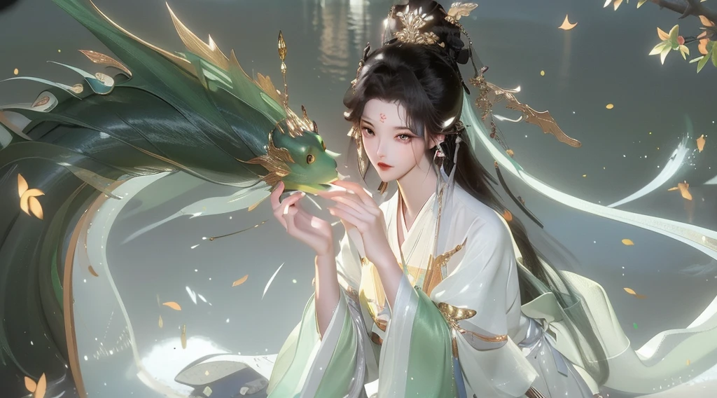 A woman，One-stop service，A woman和龙对视，Green tones。Chinese dragon，a women in white aodai，Black long hair，（Best quality，masterpiece：1.2），Ultra-high resolution，Realistically，Front lighting，Intricate details，Exquisite details and textures，（1 Girl），solo，Upper part of the body，，漂亮的big eyes，，Beautiful face，For the audience，ribbon，gossamer，（young），Facial highlights，Detail production，Tear mole，White skin，Black hair，High Ponytail，Looking at the audience，big eyes，（Openwork pattern）Slim figure，White background，The right hand，Professional lighting，Photon Mapping，Radio City，Physically Based Rendering ((best quality, 8K, masterpiece:1.3)), 