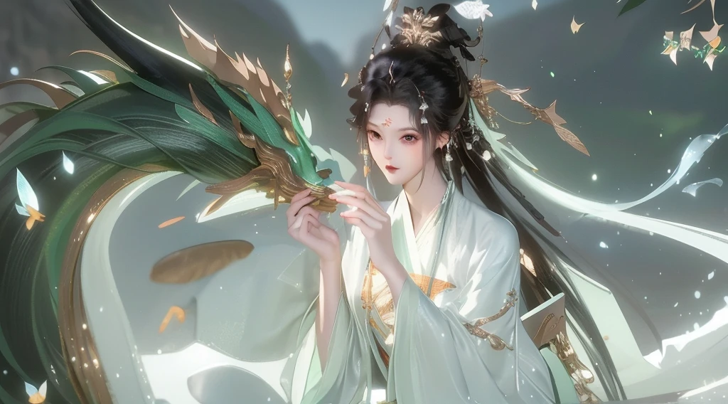 A woman，One-stop service，A woman和龙对视，Green tones。Chinese dragon，a women in white aodai，Black long hair，（Best quality，masterpiece：1.2），Ultra-high resolution，Realistically，Front lighting，Intricate details，Exquisite details and textures，（1 Girl），solo，Upper part of the body，，漂亮的big eyes，，Beautiful face，For the audience，ribbon，gossamer，（young），Facial highlights，Detail production，Tear mole，White skin，Black hair，High Ponytail，Looking at the audience，big eyes，（Openwork pattern）Slim figure，White background，The right hand，Professional lighting，Photon Mapping，Radio City，Physically Based Rendering ((best quality, 8K, masterpiece:1.3)), 