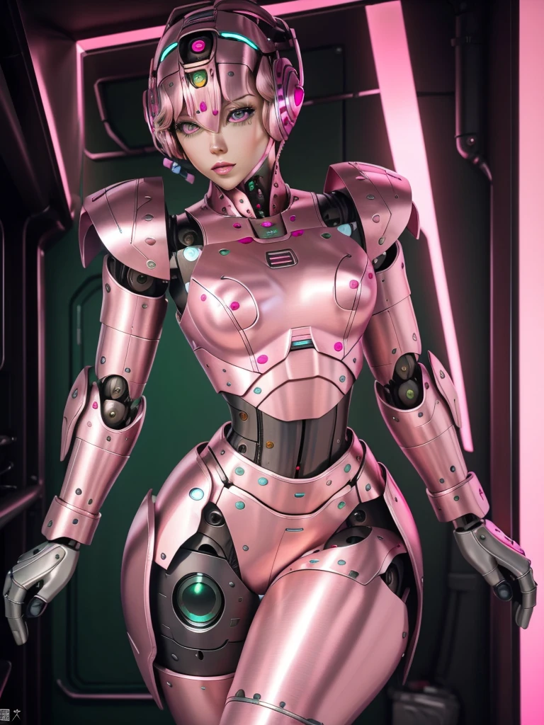 (masterpiece), best quality, expressive eyes, perfect face, blonde hair, curly hair, green eyes, robot, robot lady, robot features, female robot, solo, (pink metal:1.5), pink robot, small breasts, thick thighs, short hair, shy expression, metal face, robot face, hair over one eye