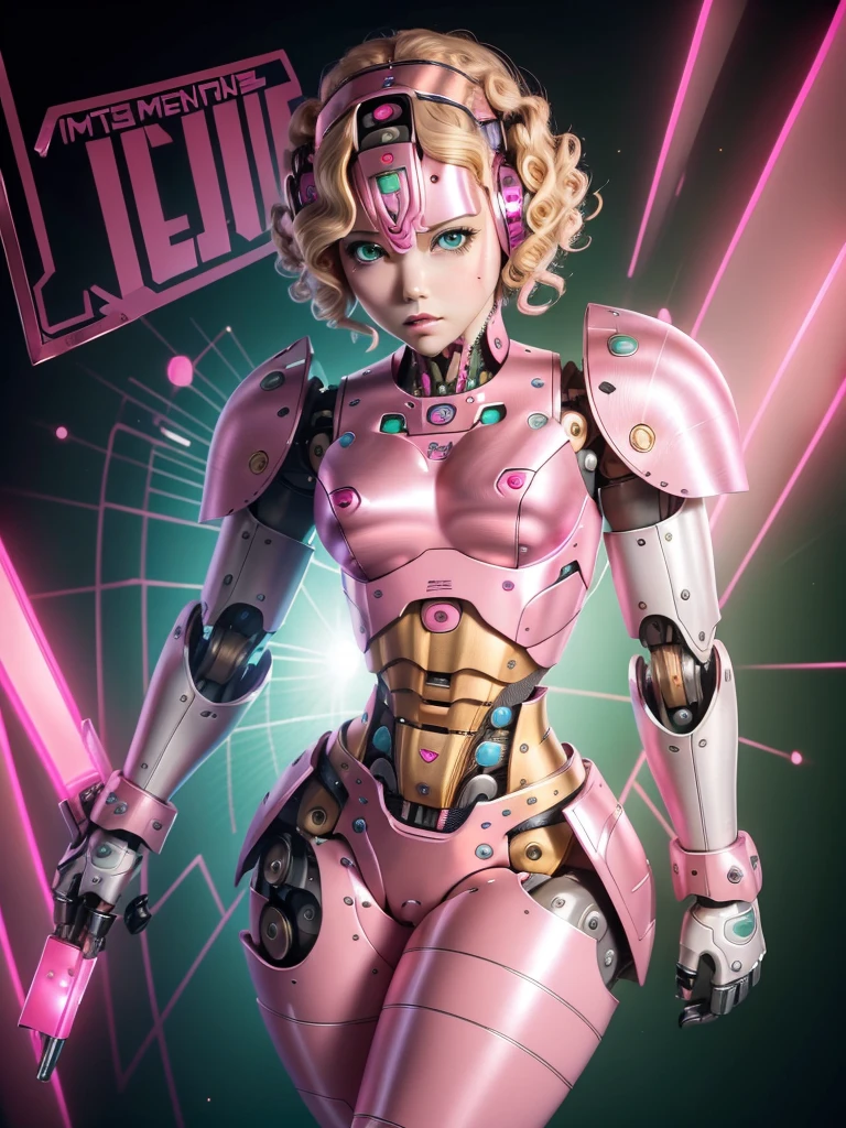 (masterpiece), best quality, expressive eyes, perfect face, blonde hair, curly hair, green eyes, robot, robot lady, robot features, female robot, solo, (pink metal:1.5), pink robot, small breasts, thick thighs, short hair, shy expression, metal face, robot face, hair over one eye