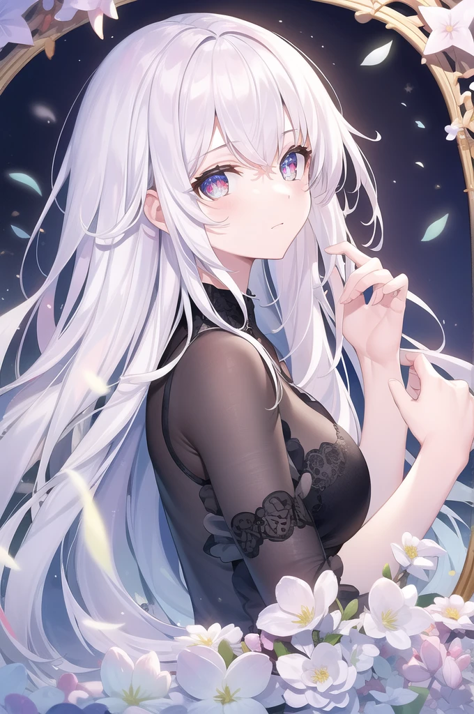 ((masterpiece, best quality))++, Detailed lighting+, Detailed hair+, Detail hand+ ,1 girl, Miss, Long hair, Crimson eyes, beautiful eyes, young white hair,,(Beautiful white hair:1.5),(Beautiful and delicate eyes), high resolution+,glass tint, Reflective eyes, {{angle}} , Very detailed wallpaper, The original, Air bangs,Extremely beautiful CG,black worksuit,Firefly,Sea of Flowers
