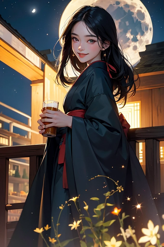 (masterpiece), best quality, expressive eyes, perfect face, At night, under the city lights, on a balcony of an apartment, a A beautiful black-haired woman in a kimono drinks beer, smiling, under the moon and stars, feeling the night breeze.