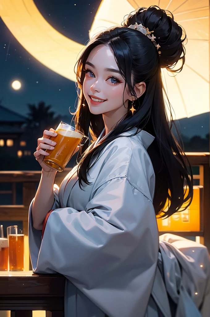 (masterpiece), best quality, expressive eyes, perfect face, At night, under the city lights, on a balcony of an apartment, a A beautiful black-haired woman in a kimono drinks beer, smiling, under the moon and stars, feeling the night breeze.