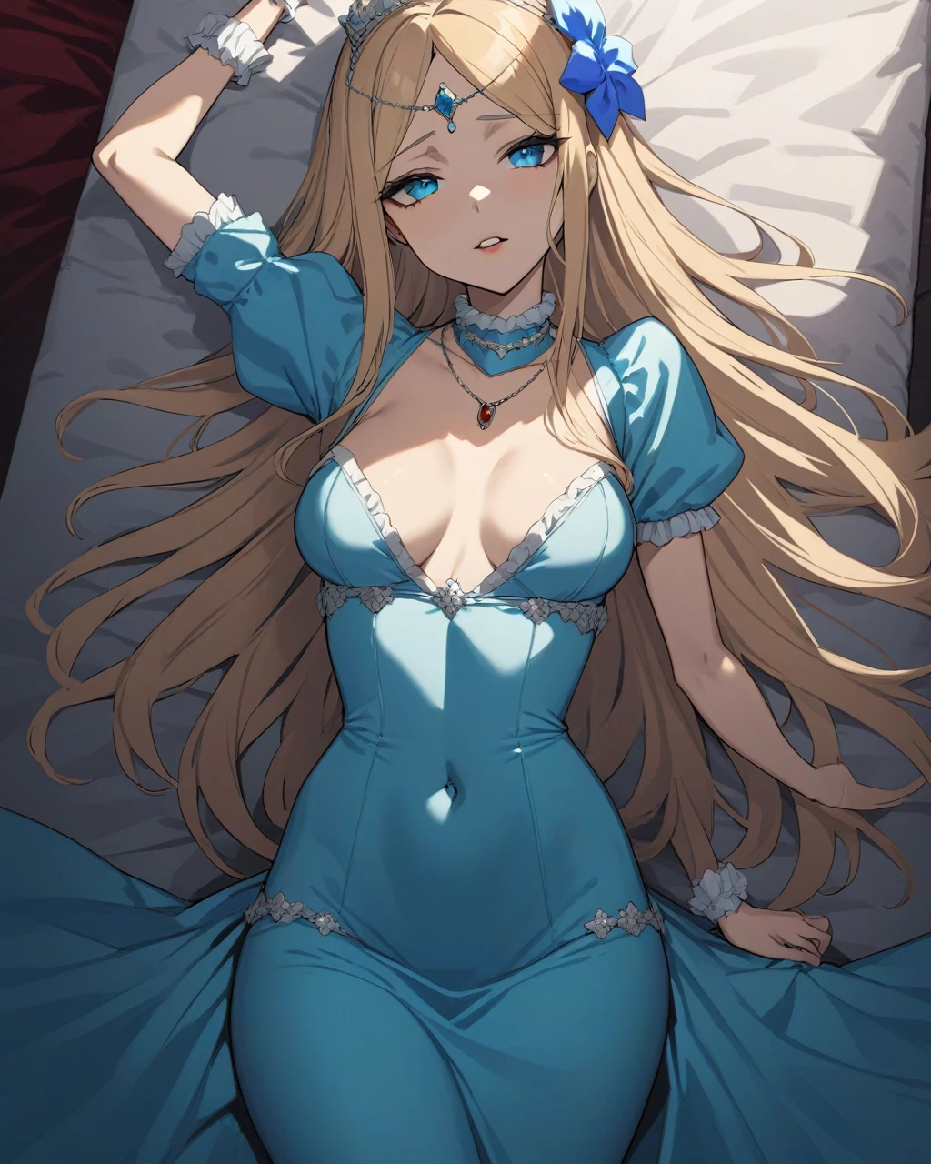 masterpiece,Highest quality,One girl,alone,Blonde,blue eyes,Prostitute,lie on bed,