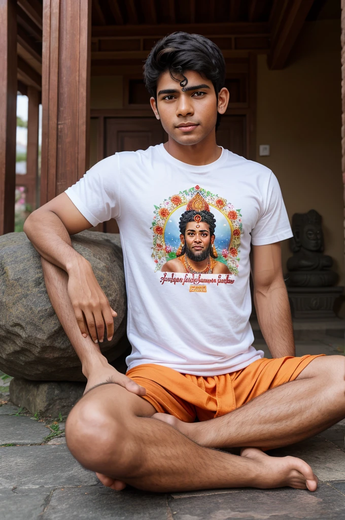 Create a Realistic High Quality image of LORD HANUMAN is depicted in meditation . Sitting on a Stone. A Realistic 18 year old boy Wearing Saffron T-shirt sprinkles flowers to HANUMAN and performs Pooja , Hanuman ji giving blessings to boy,Name "Manish" is written on the Boy's T-shirt. The Background features "Happy Hanuman Jayanti" in the background. beautiful background view .