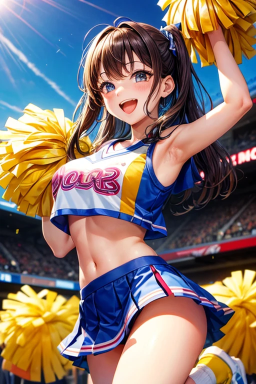 Cheerleader,One girl,cute,A big smile,Mouth wide open,I&#39;m rooting for you,Two Side Up,hair_Money,eye_green