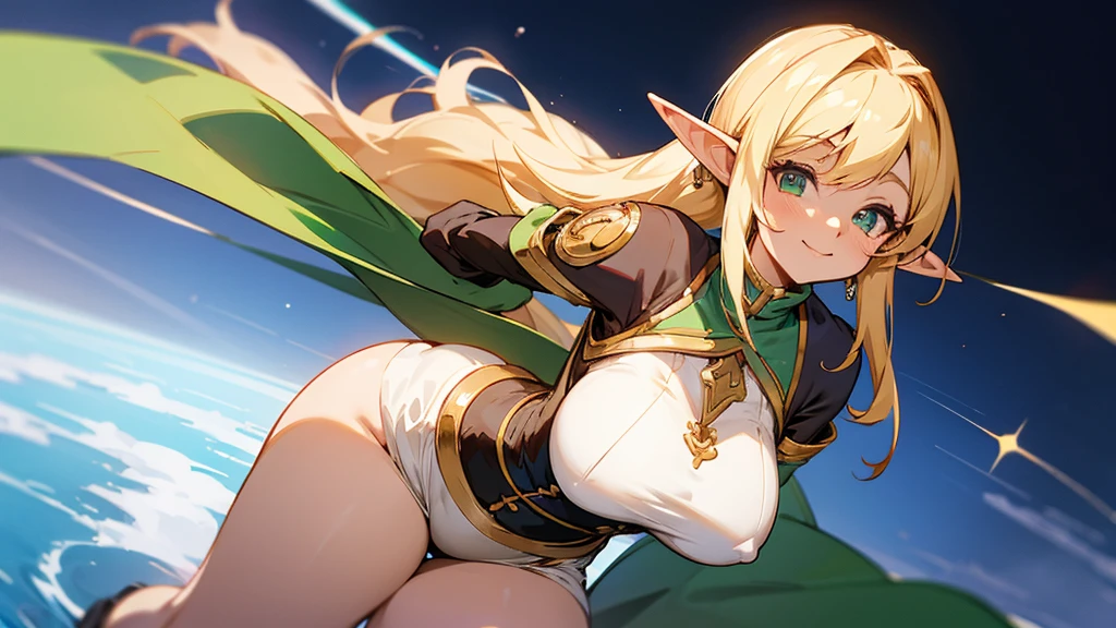 Anime Style,A detailed background with many people,A planet that is not Earth,Smiling Bard Elf,Mature Woman,Large Breasts,Protruding buttocks