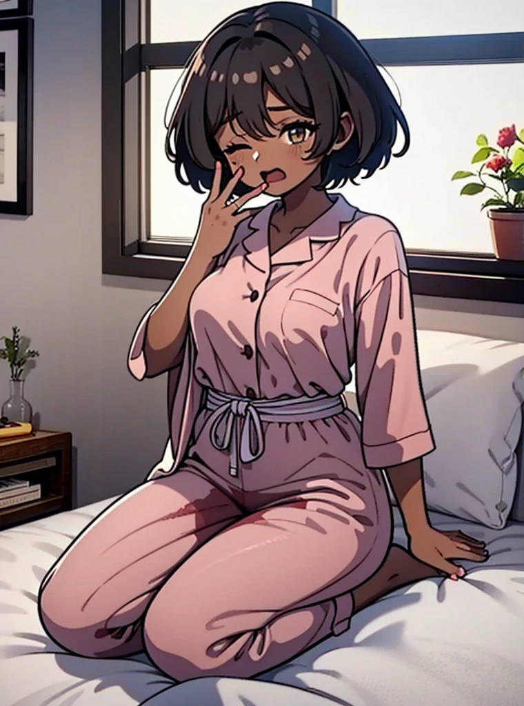 1girl, solo, medium breasts, dark skinned female:1.2, ,(dark skin:1.8), black hair, short hair, pixie cut, wavy hair, amber eyes, one eyes closed, wake up yawn, open mouth, covering mouth, pijamas, (white pijamas), window, morning, looking at viewer, sitting, seiza, waking up, on bed, full body,  ((ultra detailed, masterpiece, best quality, 8k))
