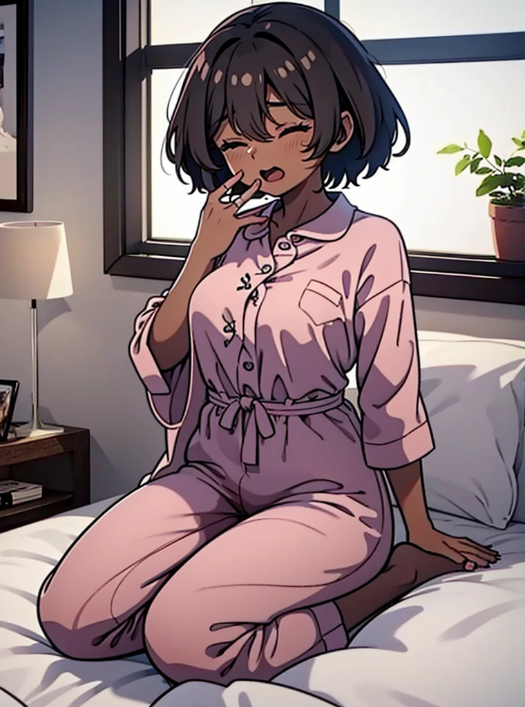 1girl, solo, medium breasts, dark skinned female:1.2, ,(dark skin:1.8), black hair, short hair, pixie cut, wavy hair, amber eyes, one eyes closed, wake up yawn, open mouth, covering mouth, pijamas, (white pijamas), window, morning, looking at viewer, sitting, seiza, waking up, on bed, full body, ((ultra detailed, masterpiece, best quality, 8k))
