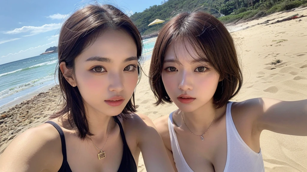 ((Photorealistic lighting, highest quality, 8k, masterpiece:1.3)), sharp focus:1.2, viewer discretion advised (New South Wales) (New South Wales) (New South Wales):1.2, ((realistic)), ((natural light, highest quality)), model-like figure:1.4, (dark brown hair, chest out:1.2), short hair, setting, backshot, (25 years old:1.3), highly detailed face, detailed eyes, double eyelids, necklace, wristband, eyeliner, colorful bikini, (large), (seaside, beach, sandy shore, drinking alcohol)