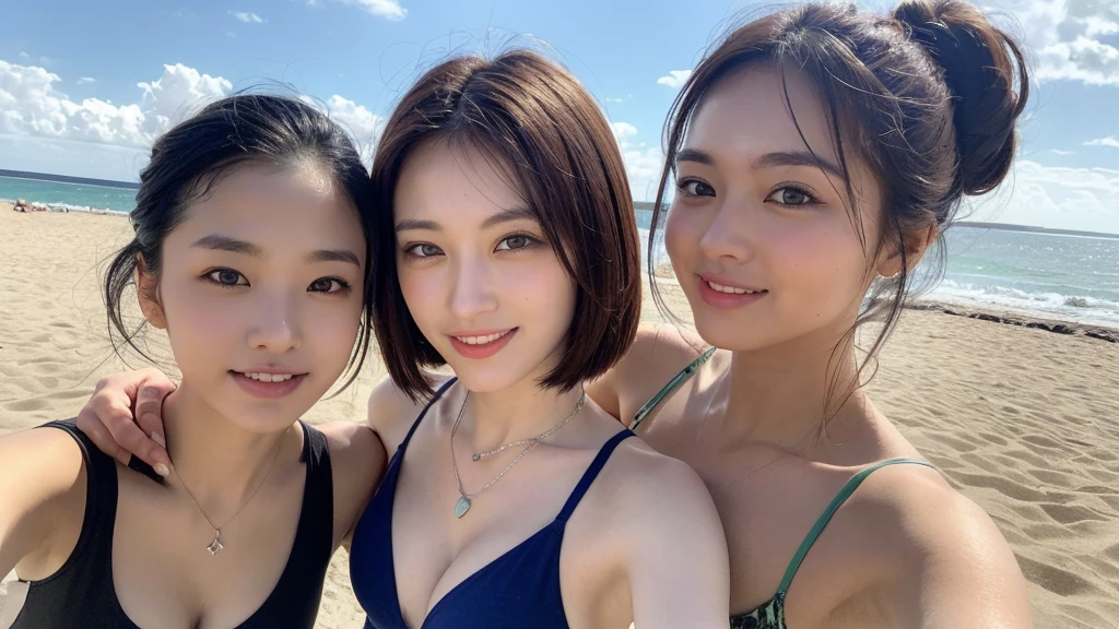 ((Photorealistic lighting, highest quality, 8k, masterpiece:1.3)), clear focus:1.2, viewer discretion advised (New South Wales) (New South Wales) (New South Wales):1.2, ((realistic)), ((natural light, highest quality)), model-like figure:1.4, (dark brown hair, chest out:1.2), short hair, setting, solo woman, (25 years old:1.3), highly detailed face, detailed eyes, double eyelids, necklace, wristband, eyeliner, colorful bikini, legs apart, sexy pose, (large), (black dress), (seaside, beach, sandy shore, drinking alcohol)