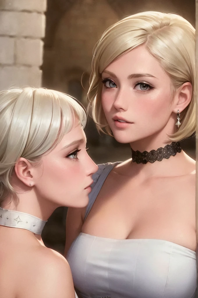 2 girls, back to back, side view, medieval castle behind, ,blonde, beautiful detailed white eyes, short haircut, chocker, beautiful detailed lips, extremely detailed face, Morning, upper body, 8k, raw photo, best quality, masterpiece, realistic, photo-realistic. large breasts