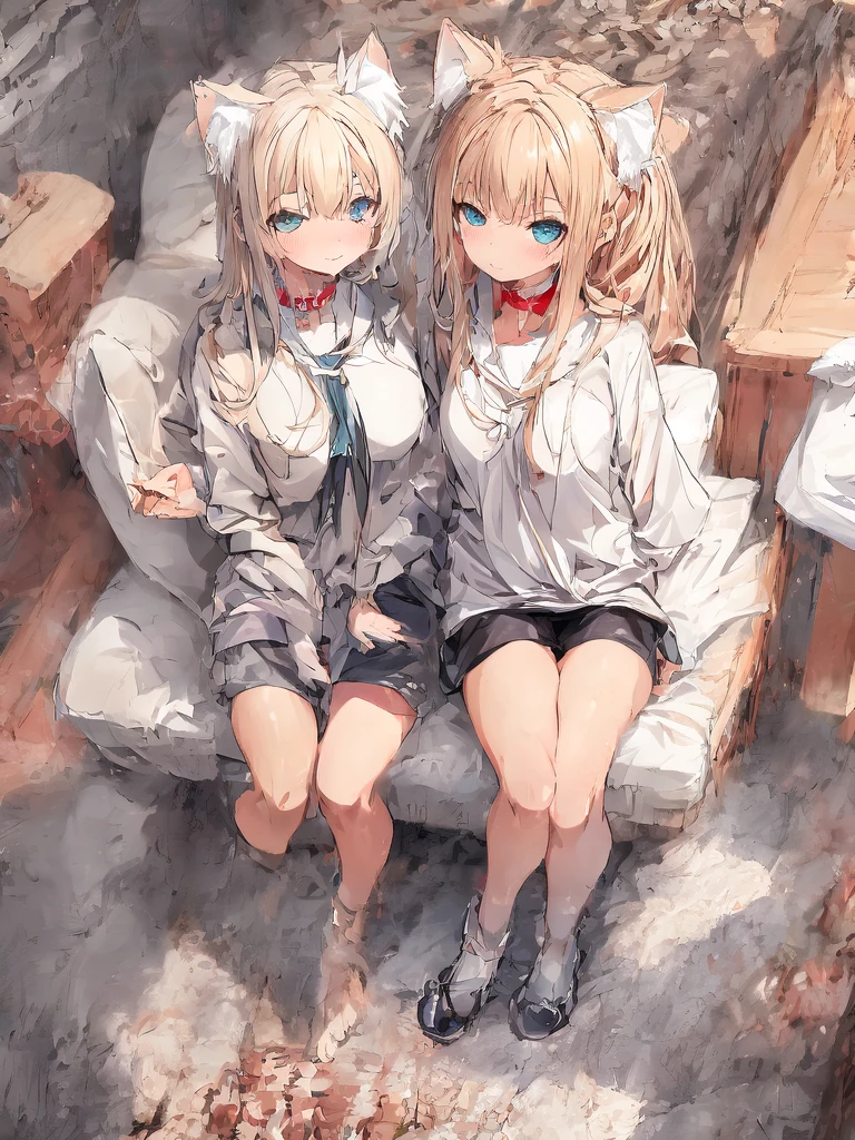 (masterpiece, best quality, highres), 1girl, having cat ears, her hair is long, her hair color is black, she is wearing a black satin choker around the neck, she is dressed with black shorts, the shorts are highwaisted, she is dressed with a black lingerie, she wears soft stockings. The girl is sitting on a couch. She is looking at the viewer. She is in the bedroom. 