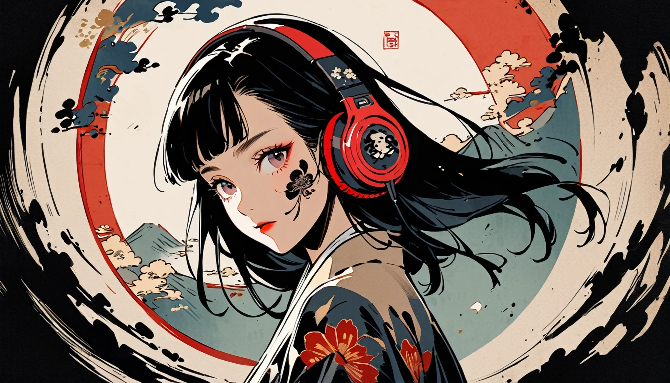 fisheye, Ink Painting, (((1 girl))), (((Tattoo on face))), sunglasses, Japanese style headphones, beautiful girl, Black Hair, Delicate and precise, Modern ukiyo-e style, Dark image