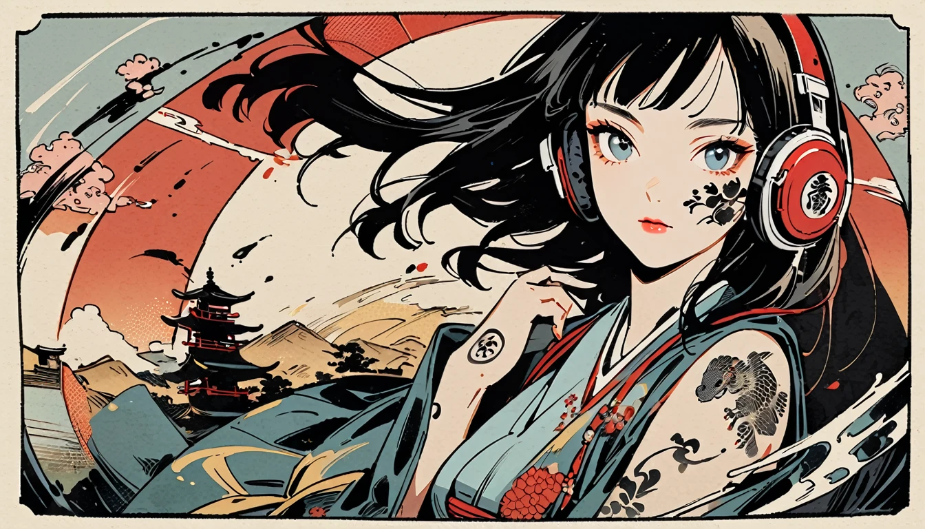 fisheye, Ink Painting, (((1 girl))), (((Tattoo on face))), sunglasses, Japanese style headphones, beautiful girl, Black Hair, Delicate and precise, Modern ukiyo-e style, Dark image