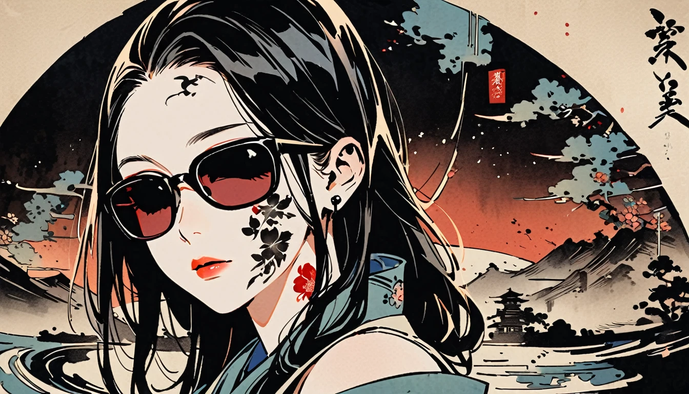 fisheye, Ink Painting, (((1 girl))), (((Tattoo on face))), sunglasses, Japanese style headphones, beautiful girl, Black Hair, Delicate and precise, Modern ukiyo-e style, Dark image