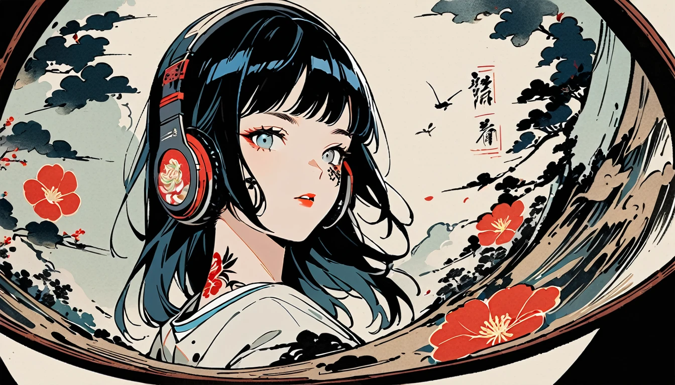 fisheye, Ink Painting, (((1 girl))), (((Tattoo on face))), sunglasses, Japanese style headphones, beautiful girl, Black Hair, Delicate and precise, Modern ukiyo-e style, Dark image
