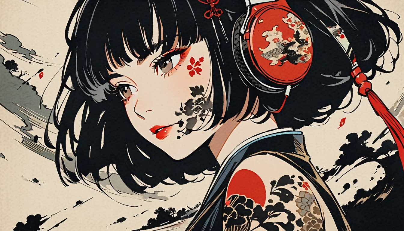 fisheye, Ink Painting, (((1 girl))), (((Tattoo on face))), sunglasses, Japanese style headphones, beautiful girl, Black Hair, Delicate and precise, Modern ukiyo-e style, Dark image