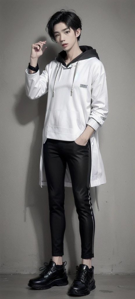 young asian man, Japanese idol style, short clean-cut hair,((fist hands)) , ((center part)), (crisp white lab coat:1.3), ((black hoodie underneath:1.7)), (black pants:1.7), (black shoes:1.7), calm confident expression, explaining pose, plain white background, mid-shot portrait, full body view, high quality, detailed, 8K, (realistic skin texture:1.2), (sharp focus:1.1), (contrast between white coat and black clothing:1.2)