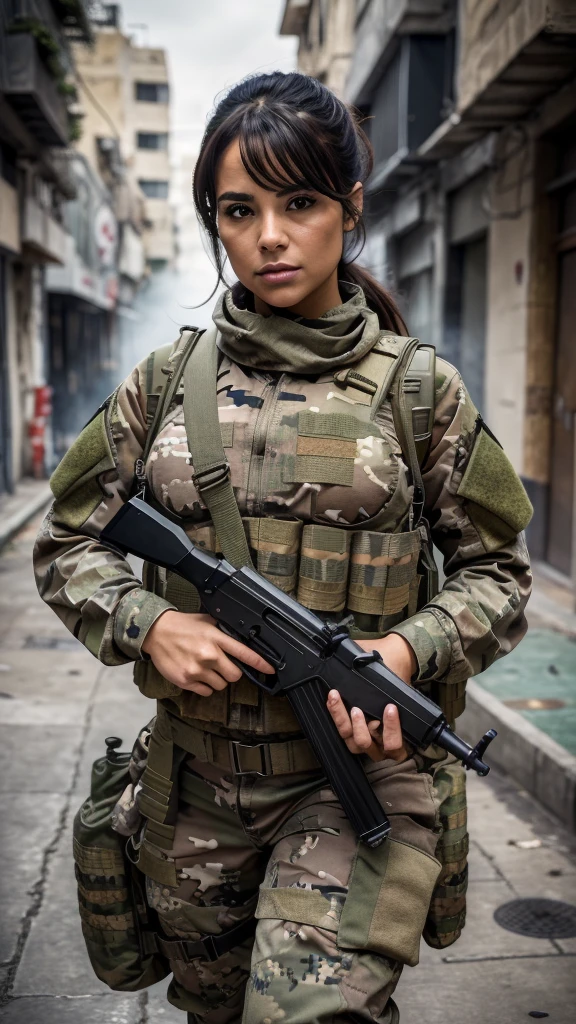 ((​masterpiece、top-quality、realisitic、ultra-detailliert、hight resolution、Photorealsitic、foco nítido、lighting like a movie))、Stunning portrait of a beautiful woman、bustshot、Focus from the chest up、sad Facial expression、Beautiful detailed eyeedium Hair、Army camouflage uniform、Camouflage Tactical Vest、Long trousers with camouflage pattern、Combat gloves、rucksack、Black Military Undershirt, White smoke、Detailed hand depiction、Latina, Gaza city in the backgorund, large breast