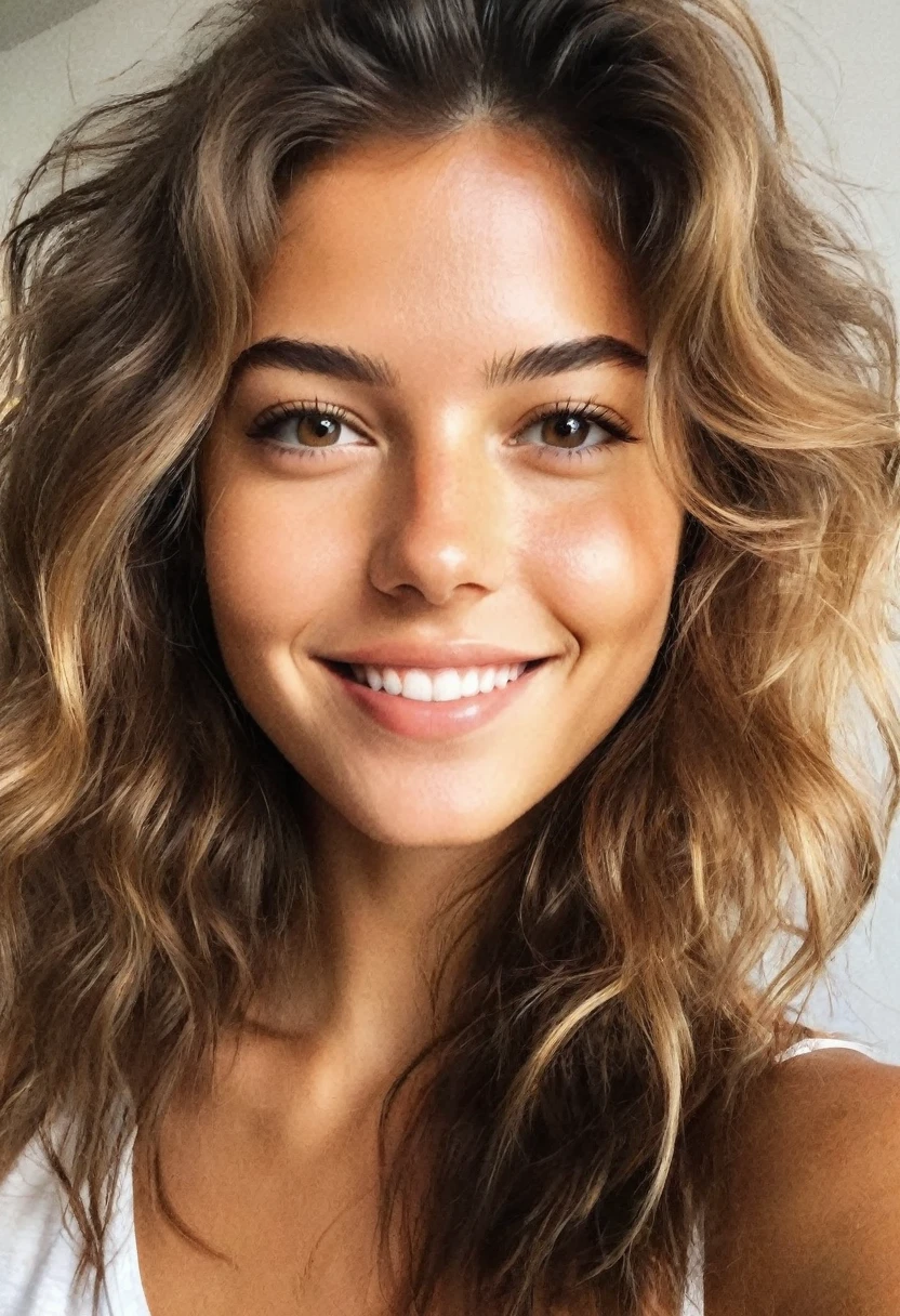 selfie instagram, haut du corps, une femme magnifique de 23 ans, poitrine visible et assez grosse , léger sourire, visage et yeux détaillés, Éclairage naturel, à la maison, cheveux longs, contraste moyen , visage naturel, taches de rousseur, cheveux blond foncé, yeux marrons, épiCNégatif