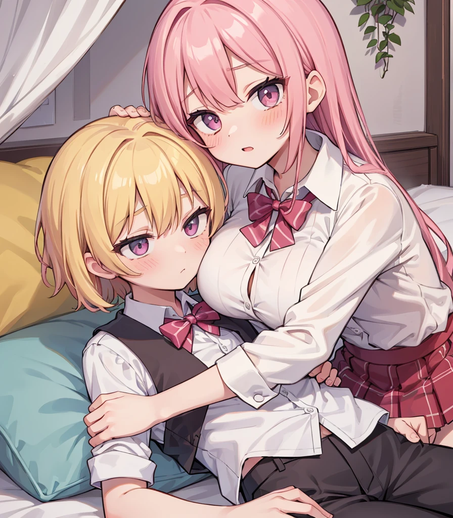 masterpiece, Highest quality, so beautiful, absurdists,High resolution,One girl, One boy,Cuddling in bed, like,sexly,Look at each one, blush,Age difference,bow tie,blondes,chest,Long Hair,Pink Hair,Tucked in shirt,short hair,skirt,Tent shirt,Slut,Big breasted sister and brother,Siblings, trousers,Pushing her big tits against her brother,(My brother's small erect penis),((((姉のvery huge breasts,Sister crushes her big tits in her brother's face)))),(((((Very huge breasts))))),(((((small penis,NSFW,Soft Very HUGE breasts))))),((Bursting Breasts,弟の顔を隠すHuge breasts)),((((((((Huge breasts,Large Breasts,とてもLarge Breasts、すごくLarge Breasts、とてつもなくLarge Breasts)))))))),Two people gazing at each other,puffy nipples,(Face crushed by ,Huge breastsを弟の体に乗せる),huge breasts