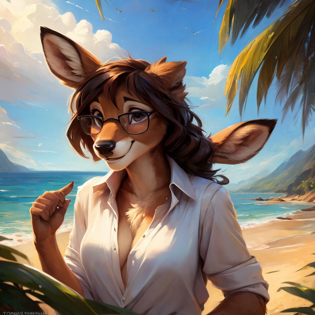 uploaded on e621, by Pixelsketcher, by Bayard Wu, by Thomas Benjamin Kennington , by Einshelm, by hioshiru and kenket, Chunie, portrait, solo anthro female deer doe, with small featureless breasts, clear dark blue, cinematic lighting, day, sunny day, beach, stays in the sea, sea background, mediterranean background, horizon background, shiny, short curly dark brown hair, wears big black nerd glasses, very very beautiful furry art, furry art, smiling, joyful, shiny, happy, feminine, cute face, muzzle, fluffy chest, flawless face, Fallow deer, 1girl, Sakimichan is beautiful, Masterpiece, Wavethesallow Face, shiny, Detailed image, portrait, Detailed image, portrait, full body, wearing wide, long, white blouse, shiny, realistic face, perfect anatomy, hourglass body, (furry body:1.1), anthropomorphic deer, small fluffy tail, detailed background, (cute anatomy:1.1), windy, smiling, very happy, happy