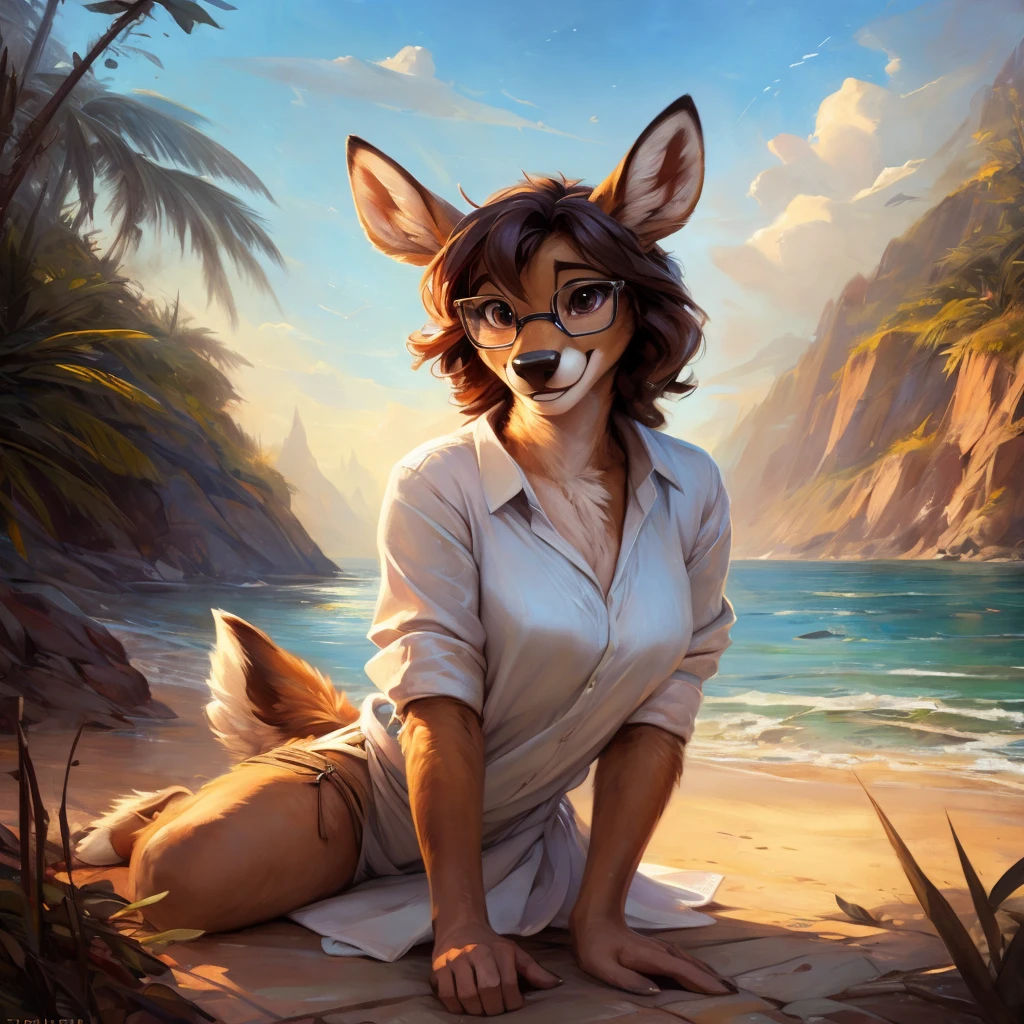 uploaded on e621, by Pixelsketcher, by Bayard Wu, by Thomas Benjamin Kennington , by Einshelm, by hioshiru and kenket, Chunie, portrait, solo anthro female deer doe, with small featureless breasts, clear dark blue, cinematic lighting, day, sunny day, beach, stays in the sea, sea background, mediterranean background, horizon background, shiny, short curly dark brown hair, wears big black nerd glasses, very very beautiful furry art, furry art, smiling, joyful, shiny, happy, feminine, cute face, muzzle, fluffy chest, flawless face, Fallow deer, 1girl, Sakimichan is beautiful, Masterpiece, Wavethesallow Face, shiny, Detailed image, portrait, Detailed image, portrait, full body, wearing wide, long, white blouse, shiny, realistic face, perfect anatomy, hourglass body, (furry body:1.1), anthropomorphic deer, small fluffy tail, detailed background, (cute anatomy:1.1), windy, smiling, very happy, happy
