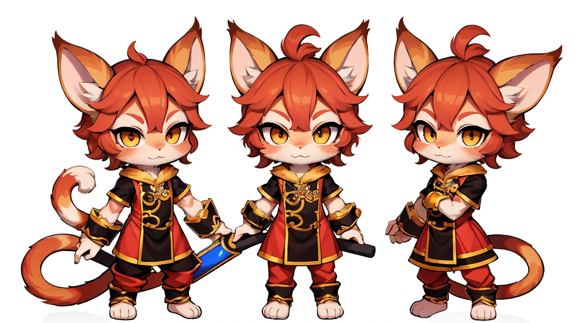 a character game, cat ears, furry, inspired by wukong, (full body:1.2) , chibi, advanced digital chibi art, g liulian art style, maplestory mouse, bian lian, chibi art, league of legends art style, character art of maple story, ((view at the viewer)), (((wukong costume))), ((white background)), simple background