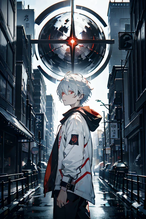 beste-Qualit, More Details, tmasterpiece, 1boy, kaneki ken, portraite of a, male focus, red-eyes, solo, combed hair back, looks at the viewer, hood, Short Hair Hair, Sateen, Tokyo Tokyo \(The city\), hood up, nail polishing, white colored hair, luxurious, 8K, Detailed, ray traced, Depth of field, Movie Lighting,