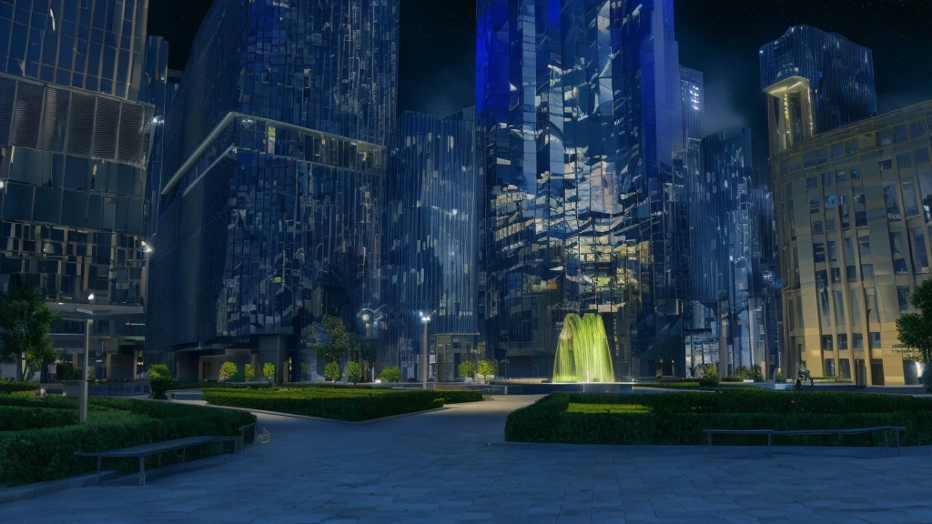 City night scene,Fountain and bell tower,city View,City night scene的視覺特效力量,高清city View,Realistic establishing shot。 3D Rendering,landscape concept art,Random background scenes,非常詳細的夜間city View,High-rise business district,Epic architecture in the center