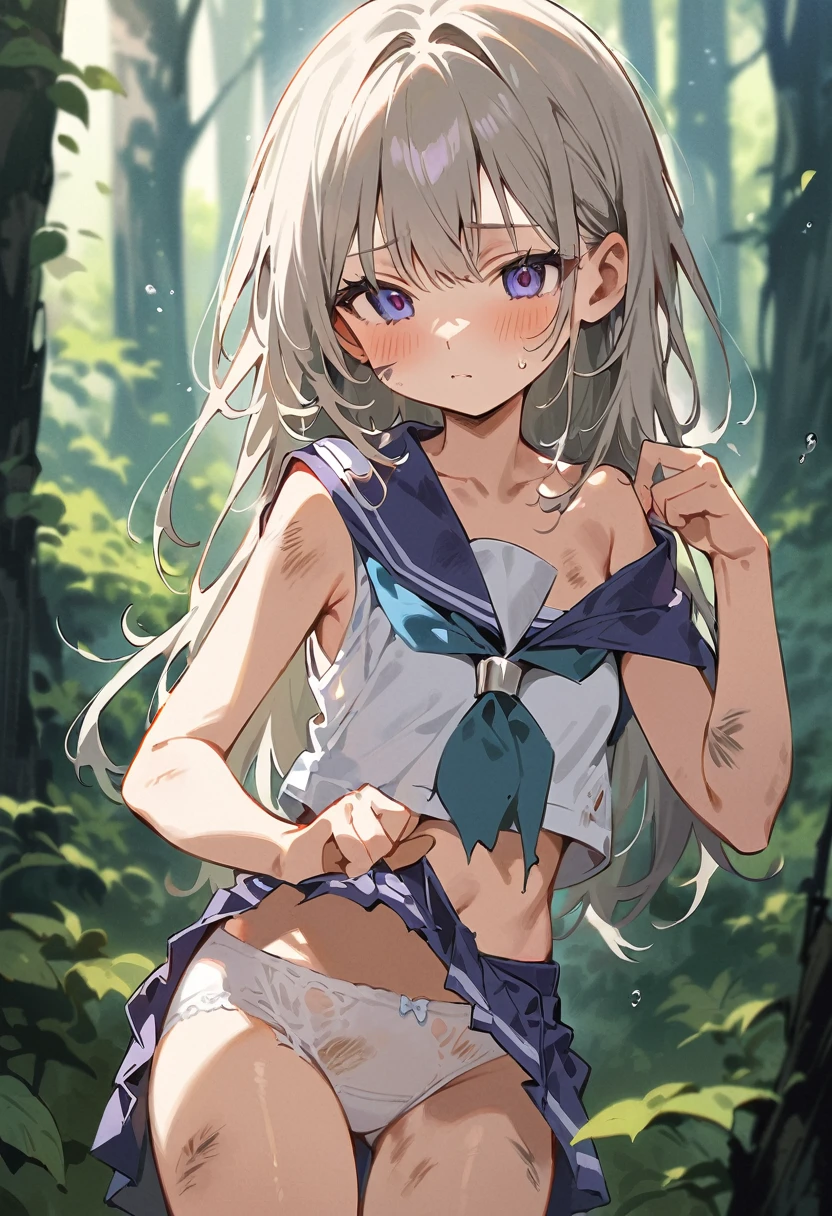 beautiful detailed girl,(masterpiece,best quality,extremely detailed:1.2),((cowboy shot:1.1)),(solo,,kawaii,slender,small breasts:1.25),(pained look:0.8),((white underwear) in ((Torn school uniform)):2),(dirty:2),blush,shy,weep,standing,(deep forest:1.5),(hug:0.4),rating: general, newest,Sexy face