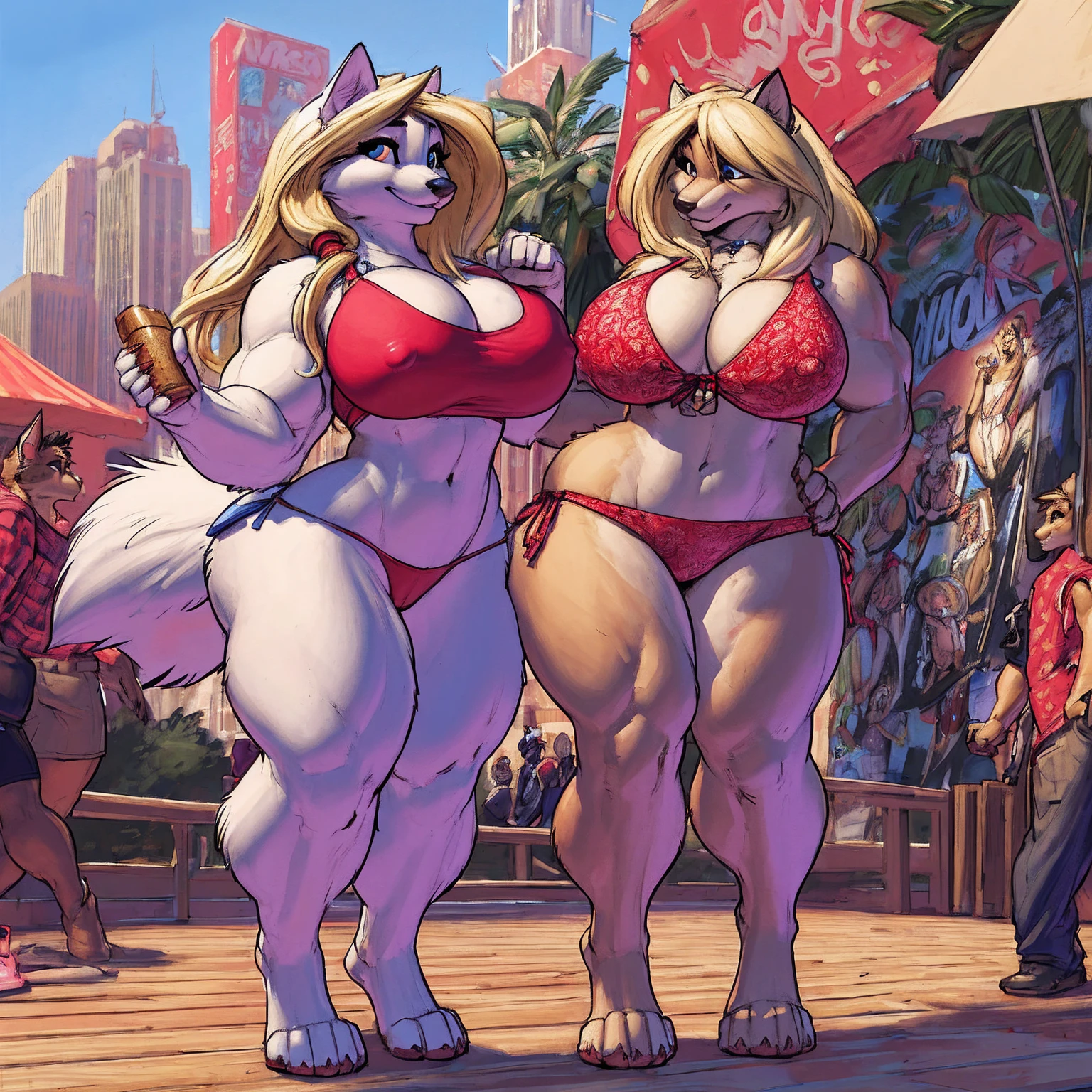 by darkgem, by meesh, by gideon, by BNG, (twins:1.5), two girls, curvy, arctic fox, white fur, female, athletic figure, furry body, hyper hips, thick thighs, big arms, accurate hands, (large breasts:1.1), heavy breasts, nipple outline, highly detailed eyes, blonde hair, long hair,young, , cleavage, large areolae, micro bikini, Masterpiece, best quality, absurd res, highly detailed, cleanly drawn eyes, anthro only, (figures in background:1.4), (detailed background:1.2), (detailed figures in background:1.2), boardwalk, los angeles, summer, bright day, smile, standing upright, bare paws, digitigrade,
