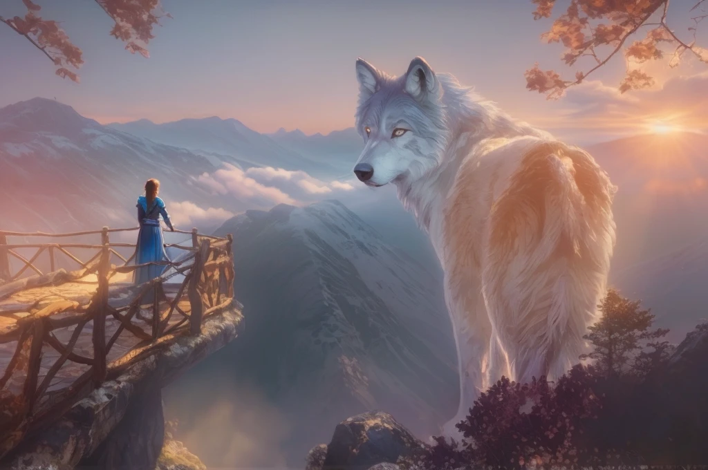 Magical digital illustration, surrealism, sunset, huge wolf walk among the mountains, turns round and looks at the girl, girl standing with her back, A girl stands on a wooden balcony overlooking a vast, misty mountain landscape, a girl dressed in a Caucasian national dress, with two long braids, calm peaceful atmosphere, natural light, (( Artem Chebokha, Devin Elle Kurtz, Rossdraws style)), Peter Morbacher style, awarded on artstation, cinematic light, magical light, The scene combines elements of fantasy and nature: the man is looking into the distance, while the huge wolf adds a surreal touch.