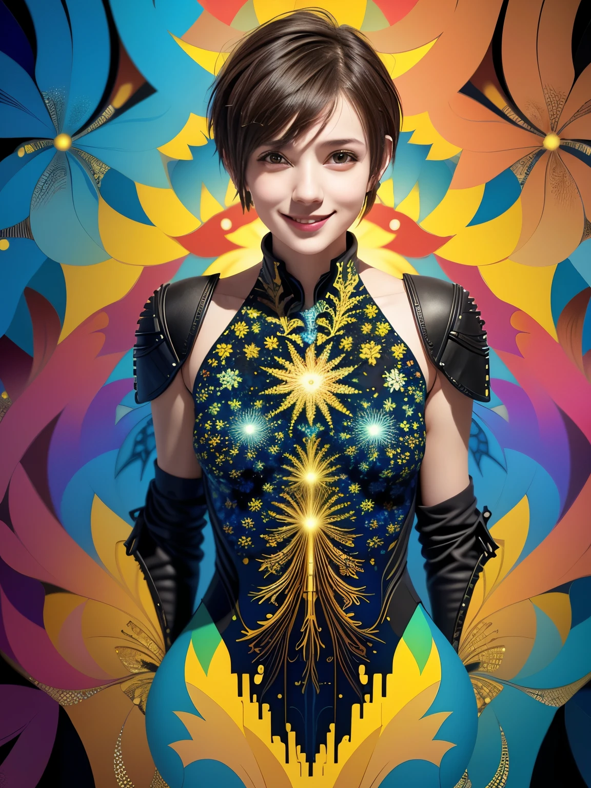 256 19-year-old female, (short hair),(Abstract background,Fractal Art:1.46), smile