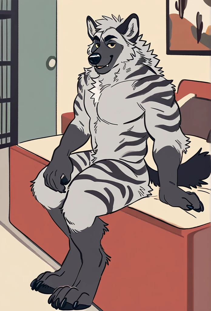 solo, male, anthro (striped hyena), by tritscrits, (by botch:0.7), digitigrade, digital artwork, (flat colors:1.3), striped hyena tail, mature male, sexy, ((detailed background)), athletic, gray fur, looking at camera,