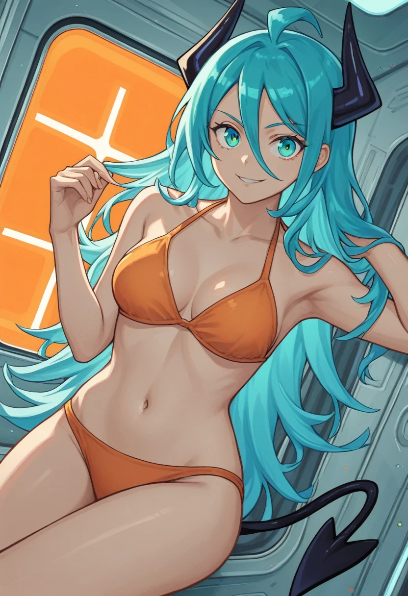 score_9, score_8_up, score_7_up,1 daemon woman, black  horns, black demon tail, (aquamarine hair),aquamarine green color hair,ahoge, long hair, (long hair),bangs, light orange bikini, bikini is orange, bikini orange, orange bikini!, (aquamarine eyes), background is spaceship, aquamarine eyes, 1woman ,facing viewer, daemon girl,  close up,Well-endowed, alone, Spacecraft interior, sexy pose