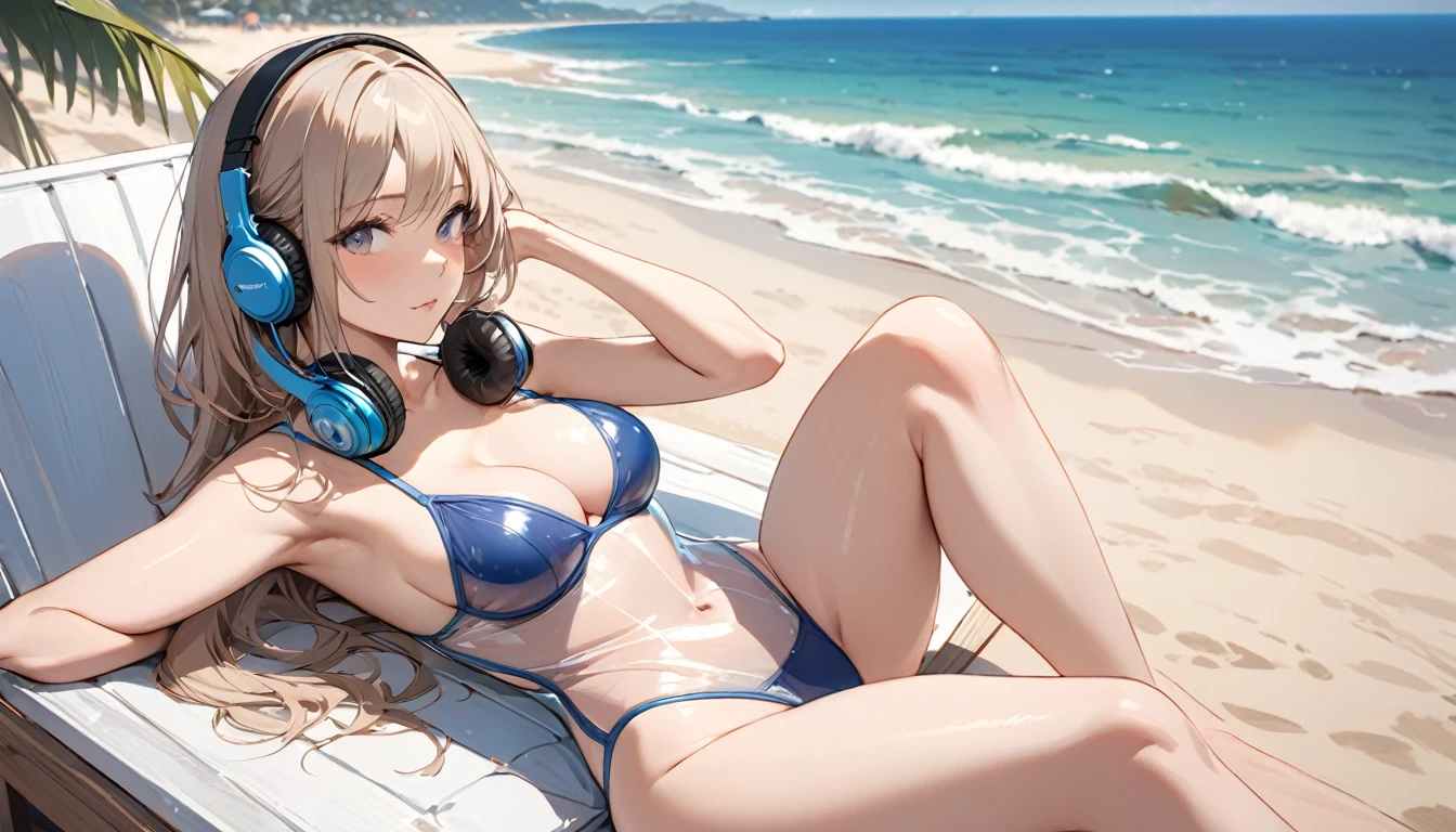 ((Top Quality)), ((Masterpiece)), ((Details)), perfect face, perfect body, sitting by the beach, listening to music, wearing headphones, wearing swimsuit, transparent swimsuit, wearing clothes exposing tight hips and breasts Woman with face visible, sitting with legs apart
