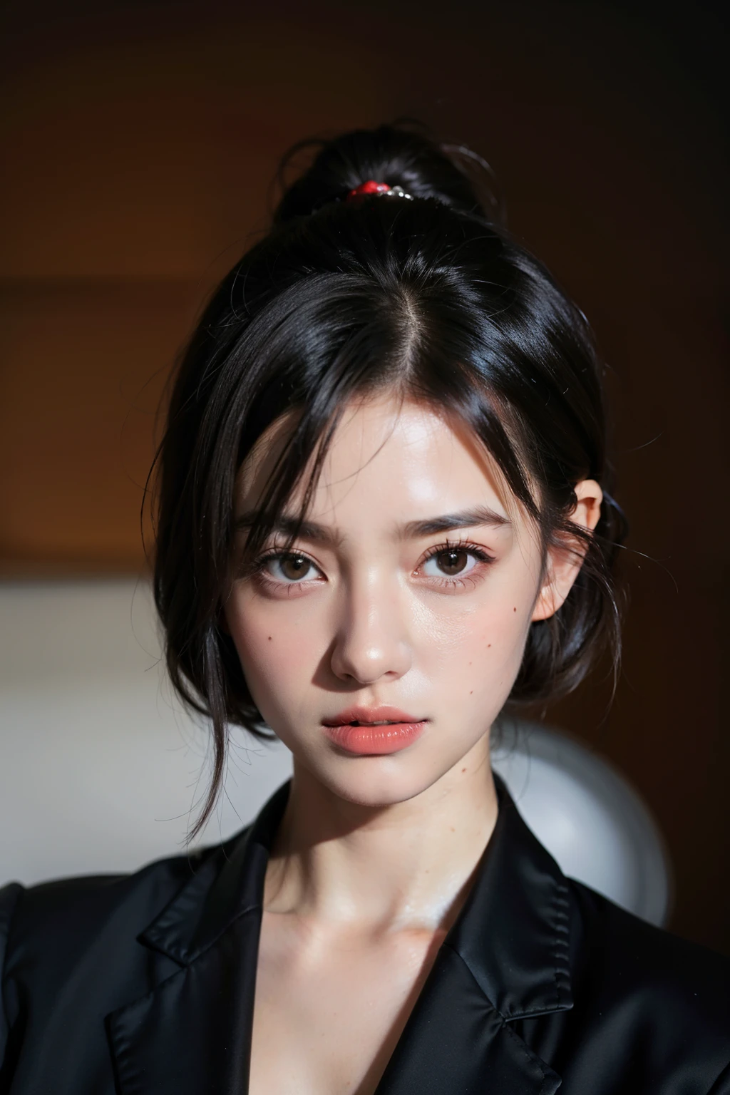 European girl portrait,alone,20-year-old,Beautiful Face,Upper Body,Hair on one eye,Medium Sidecut, Black Hair, Sharp focus,Black business suit
