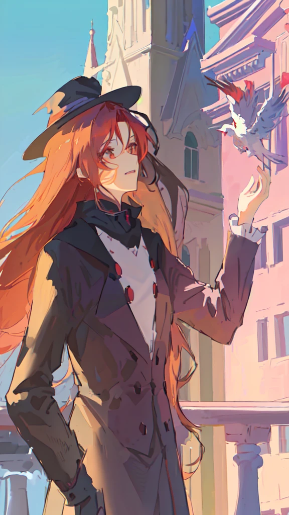 anime girl with long red hair and hat standing on balcony, from cryptid academia, flirty anime witch casting magic, witch academia, marin kitagawa fanart, made with anime painter studio, artwork in the style of guweiz, delicate androgynous prince, painted in anime painter studio, guweiz, marisa kirisame, from girls frontline