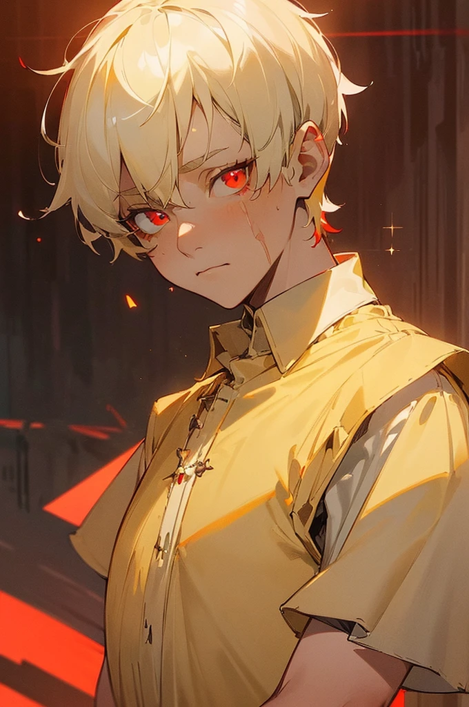 {masterpiece, distinct_image, extremely detailed CG, (extremely detailed fine touch:1.2),detailed face, monochrome, sketch, 4k, 8k, high_resolution, antion manga, (detailed_eyes:1.3), glitter, red_light, (glow_red_eyes:1.3),{1man, face_focus, looking for_in_viewer, upper body },{adult, ( Light yellow short-sleeved medieval shirt:1.7),(white hair, short hair, red eyes, red glowing eyes,scar on cheek,masculine face, thick chin, slanted eye, shadow on face:1.3)}