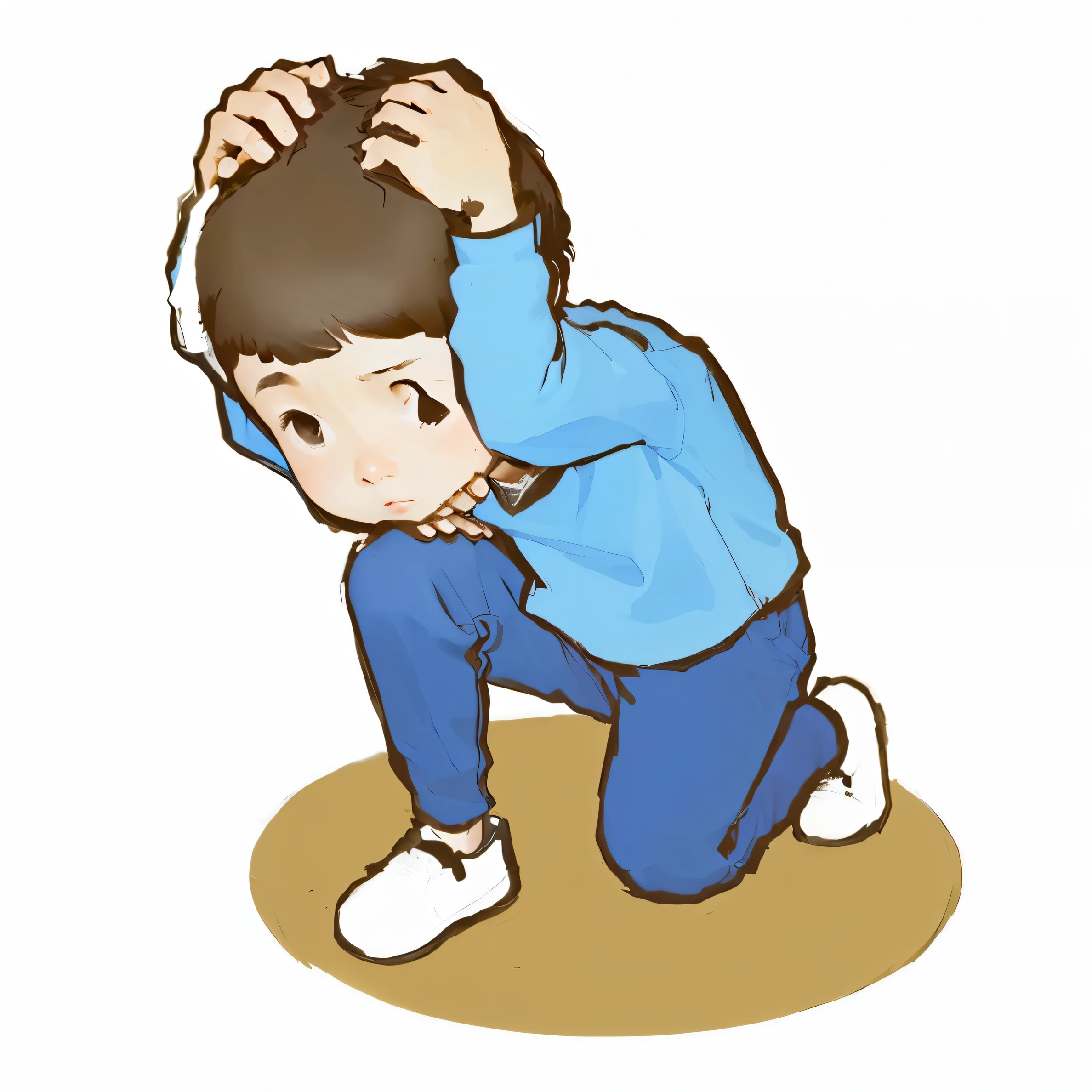A boy kneels and holds his head in his hands、high resolution、Real